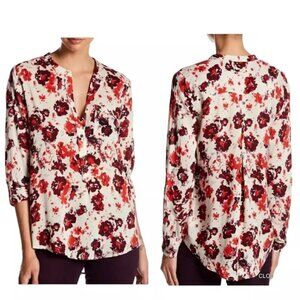 LUCKY BRAND Top, Red White Floral Tie Dye Viscose Long Sleeve Boho Casual, S